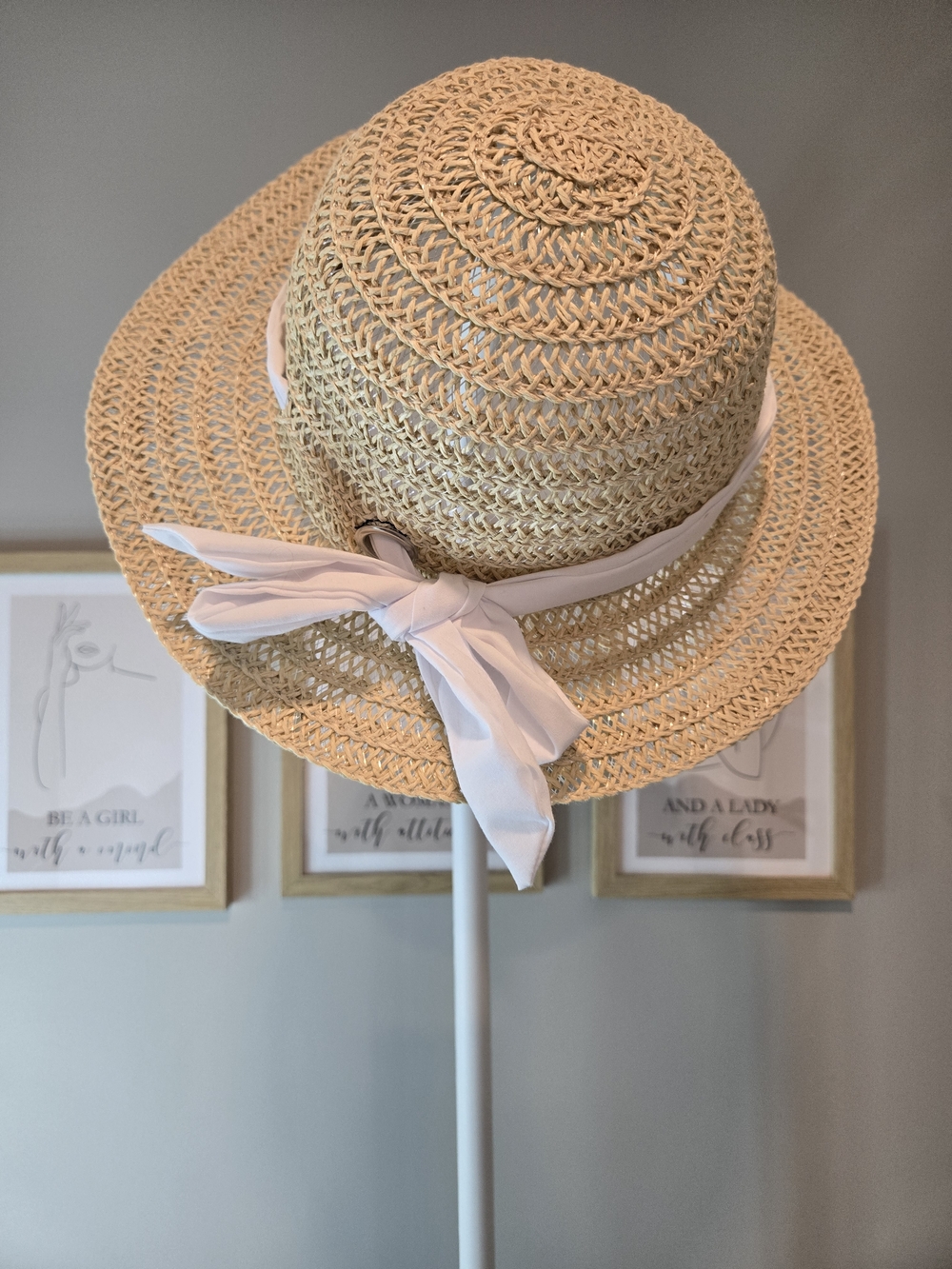 Girls' Woven Straw Sun Hat with White Bow